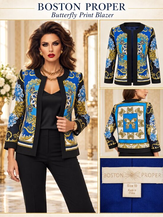 Boston Proper Jackets & Blazers - Boston Proper Blue Gold Baroque Butterfly Print Jacket Blazer Sz 10